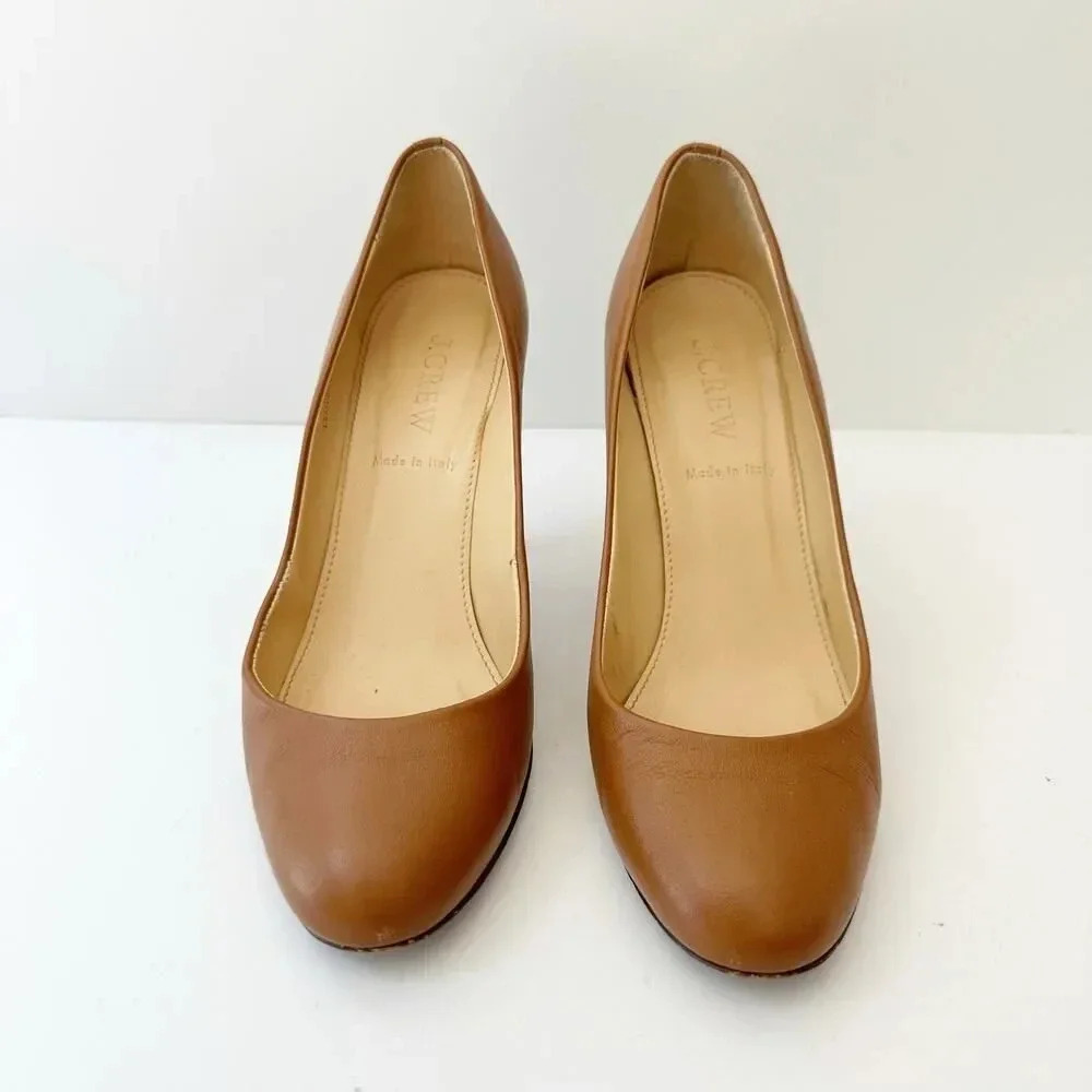 J. CREW Size 6 Tan Dark Brown Leather Round‎ Toe Stiletto Heels